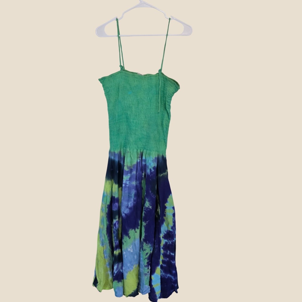 Advance Apparels Womens Dress Free Size Green Blue Tie Dye Smocked Boho Fairy - Picture 2 of 9